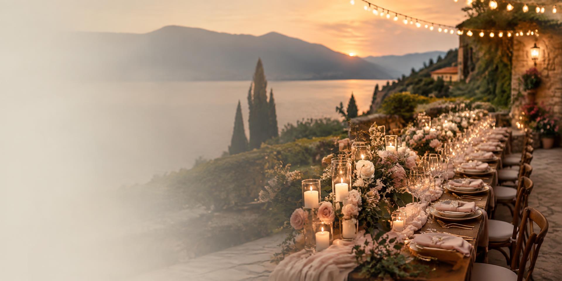 Hochzeitstafel bei Sonnenuntergang am See